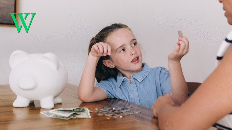 Young girl with a piggy bank and coins